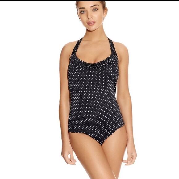 FREYA Polka Dot Ruffle Tankini Swim Halter Top - Black and White Size 36DD - Picture 1 of 11
